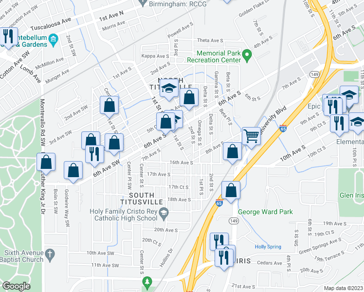 map of restaurants, bars, coffee shops, grocery stores, and more near 104 7th Avenue South in Birmingham