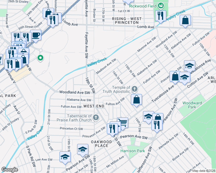 map of restaurants, bars, coffee shops, grocery stores, and more near 1628 Woodland Avenue Southwest in Birmingham