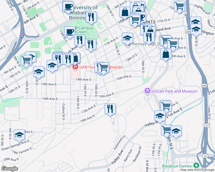 map of restaurants, bars, coffee shops, grocery stores, and more near 1500 15th Avenue South in Birmingham