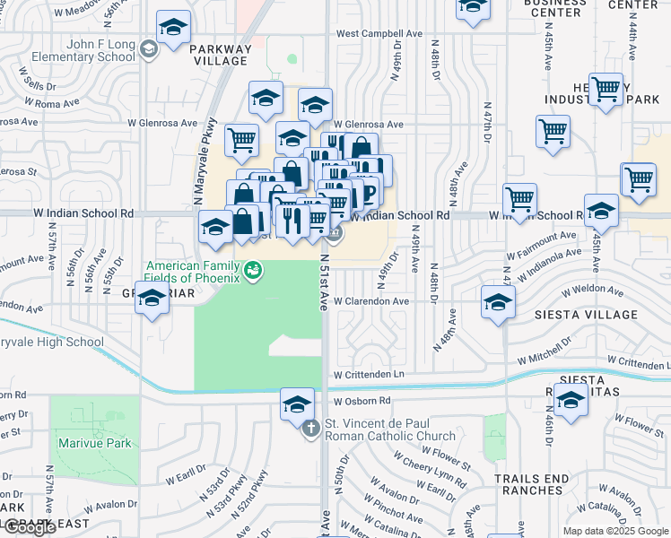 map of restaurants, bars, coffee shops, grocery stores, and more near West Fairmount Avenue in Phoenix