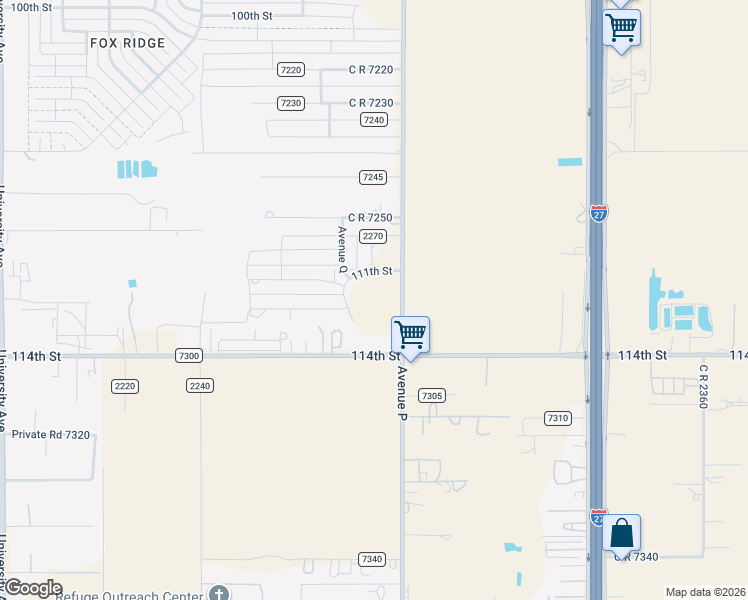 map of restaurants, bars, coffee shops, grocery stores, and more near 1633 111th Street in Lubbock