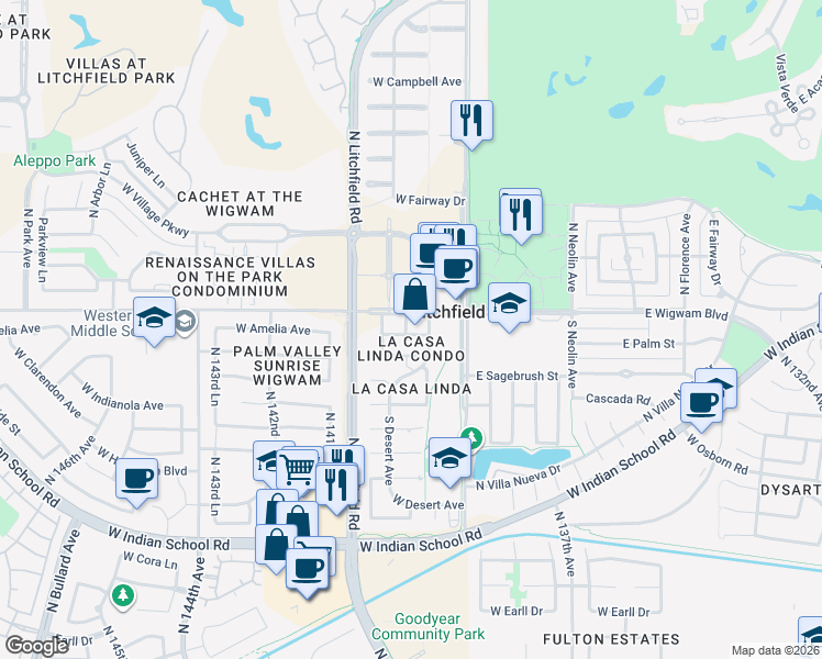 map of restaurants, bars, coffee shops, grocery stores, and more near 214 West Wigwam Boulevard in Litchfield Park