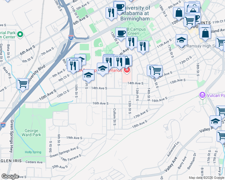 map of restaurants, bars, coffee shops, grocery stores, and more near 1121 Cullom Street South in Birmingham