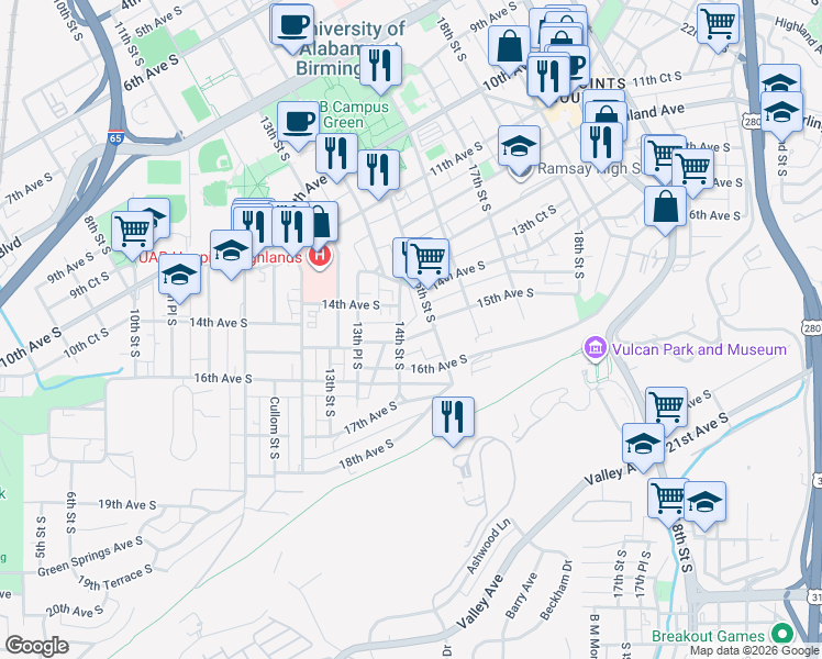 map of restaurants, bars, coffee shops, grocery stores, and more near 1355 14th Avenue South in Birmingham