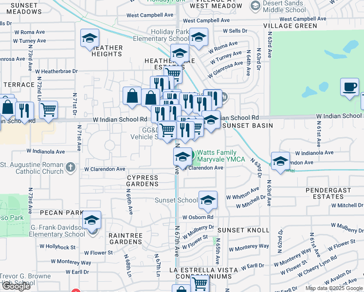 map of restaurants, bars, coffee shops, grocery stores, and more near 6601 West Indian School Road in Phoenix