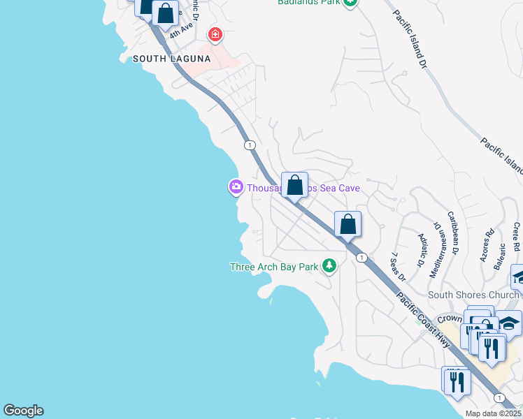 map of restaurants, bars, coffee shops, grocery stores, and more near 27 North La Senda Drive in Laguna Beach