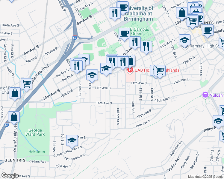 map of restaurants, bars, coffee shops, grocery stores, and more near 1125 11th Place South in Birmingham