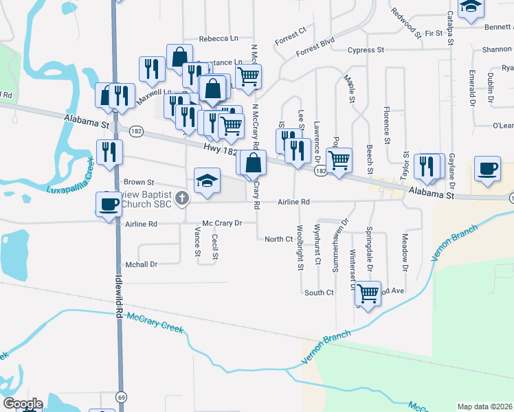 map of restaurants, bars, coffee shops, grocery stores, and more near 157 S McCrary Rd in Columbus
