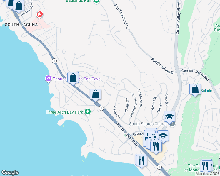 map of restaurants, bars, coffee shops, grocery stores, and more near 22862 Via Genoa in Dana Point