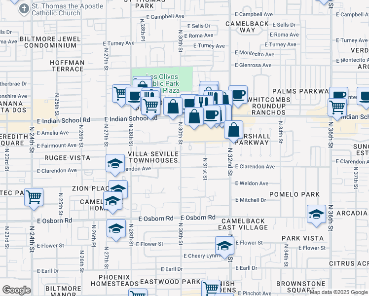 map of restaurants, bars, coffee shops, grocery stores, and more near 3833 North 30th Street in Phoenix