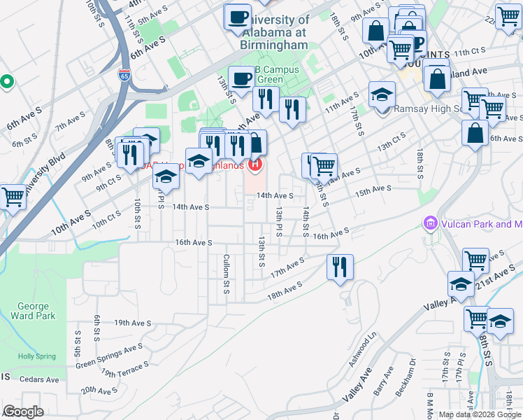 map of restaurants, bars, coffee shops, grocery stores, and more near 1209 14th Avenue South in Birmingham