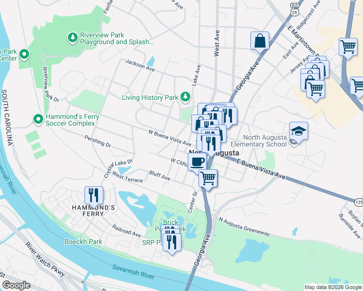map of restaurants, bars, coffee shops, grocery stores, and more near 215 West Buena Vista Avenue in North Augusta