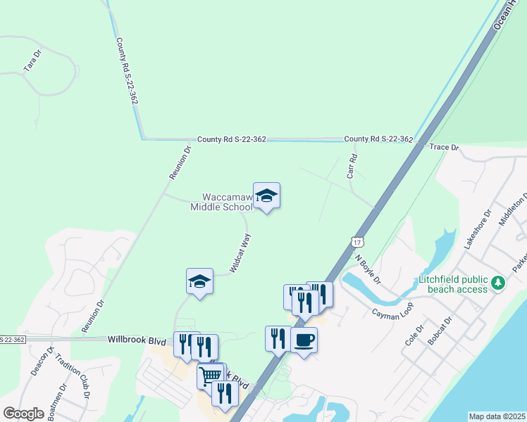map of restaurants, bars, coffee shops, grocery stores, and more near 247 Wildcat Way in Pawleys Island