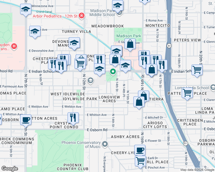 map of restaurants, bars, coffee shops, grocery stores, and more near 3927 North 13th Place in Phoenix