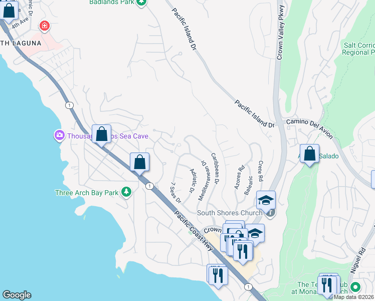 map of restaurants, bars, coffee shops, grocery stores, and more near 32331 Caribbean Drive in Dana Point
