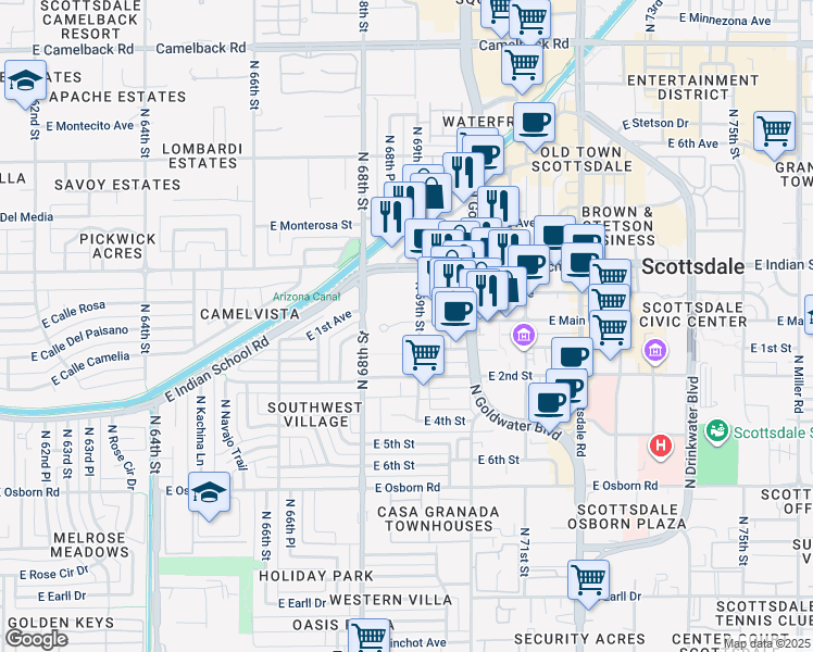 map of restaurants, bars, coffee shops, grocery stores, and more near 6850 East Main Street in Scottsdale