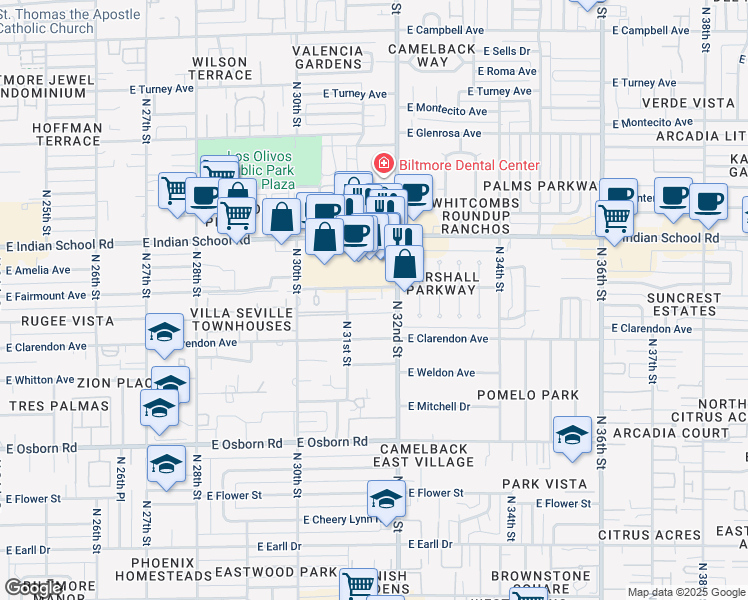 map of restaurants, bars, coffee shops, grocery stores, and more near 3135 East Indian School Road in Phoenix