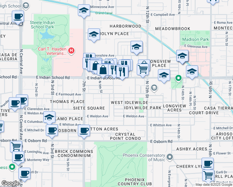map of restaurants, bars, coffee shops, grocery stores, and more near 1011 East Amelia Avenue in Phoenix
