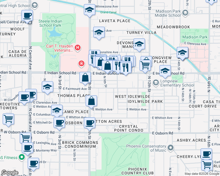 map of restaurants, bars, coffee shops, grocery stores, and more near 907 East Amelia Avenue in Phoenix