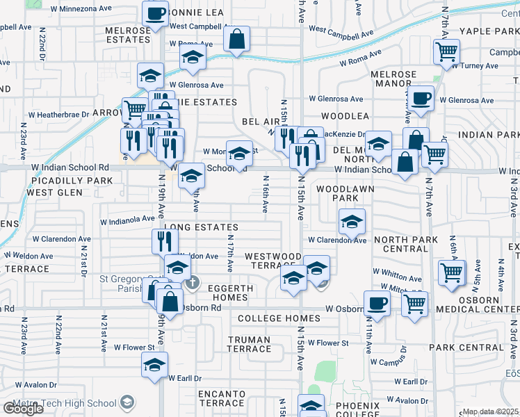 map of restaurants, bars, coffee shops, grocery stores, and more near 1546 West Fairmount Avenue in Phoenix