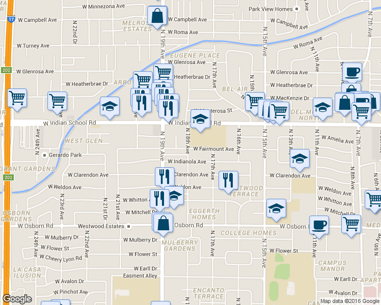 map of restaurants, bars, coffee shops, grocery stores, and more near 4002 North 18th Avenue in Phoenix