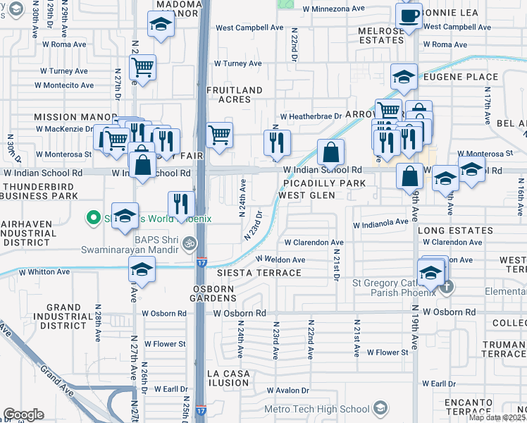 map of restaurants, bars, coffee shops, grocery stores, and more near 3902 North 23rd Avenue in Phoenix