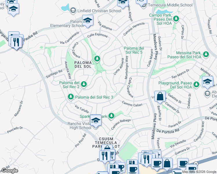 map of restaurants, bars, coffee shops, grocery stores, and more near 43460 Corte Benavente in Temecula