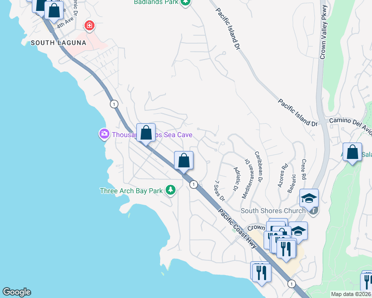 map of restaurants, bars, coffee shops, grocery stores, and more near 22762 Via Barcelona in Dana Point