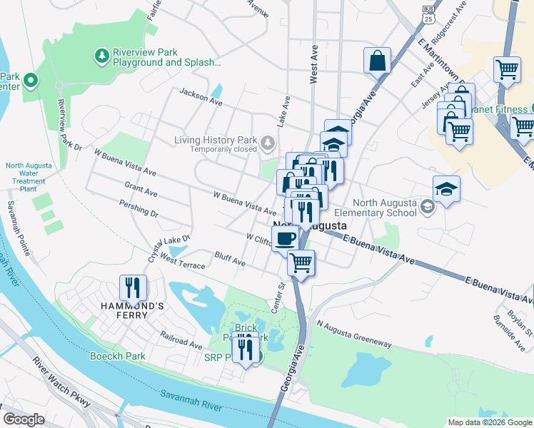 map of restaurants, bars, coffee shops, grocery stores, and more near 402 West Avenue in North Augusta