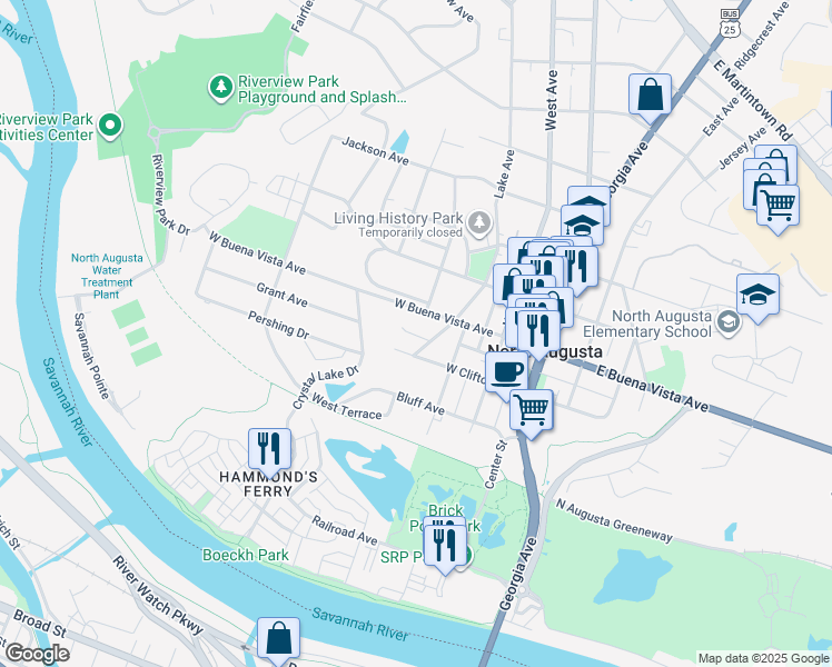 map of restaurants, bars, coffee shops, grocery stores, and more near 415 West Main Street in North Augusta