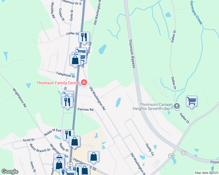 map of restaurants, bars, coffee shops, grocery stores, and more near 924 Old Washington Road in Thomson