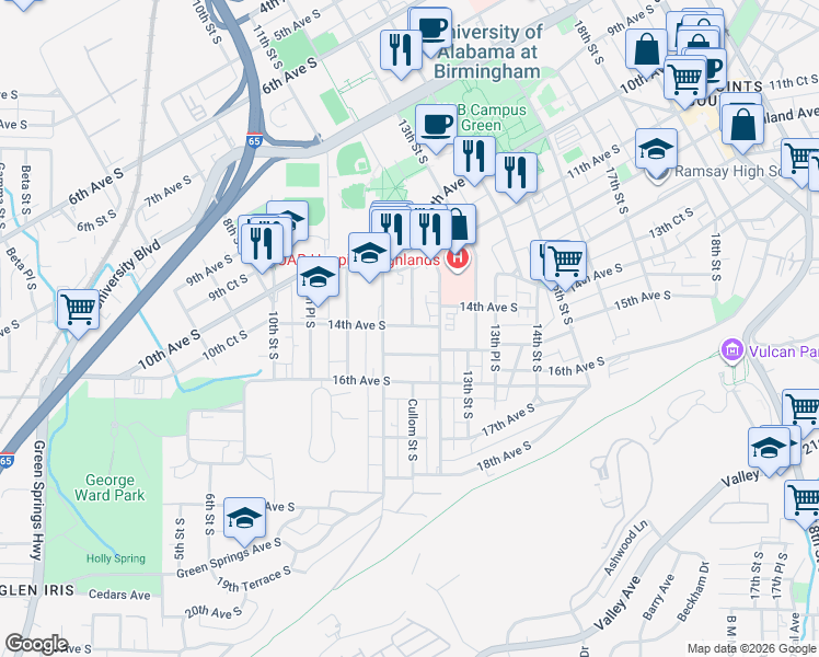 map of restaurants, bars, coffee shops, grocery stores, and more near 1121 Cullom Street South in Birmingham