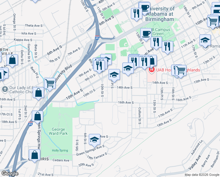 map of restaurants, bars, coffee shops, grocery stores, and more near 1136 10th Place South in Birmingham