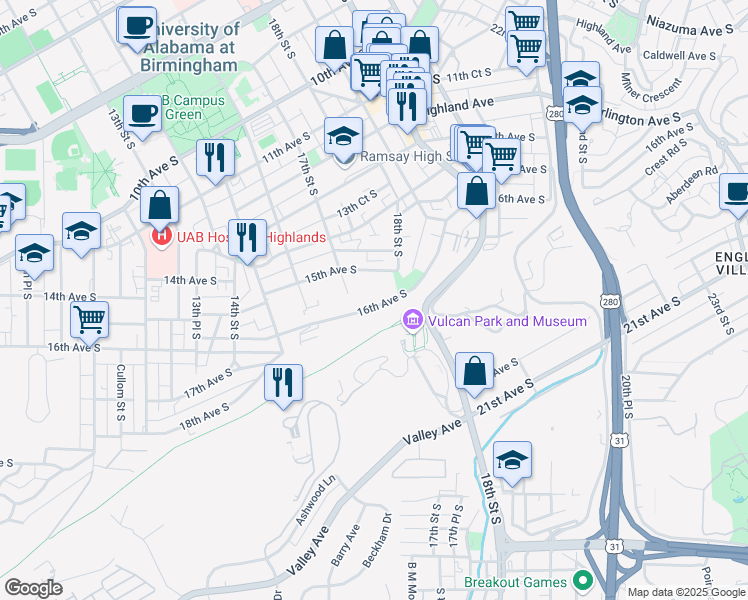 map of restaurants, bars, coffee shops, grocery stores, and more near 1720 16th Avenue South in Birmingham