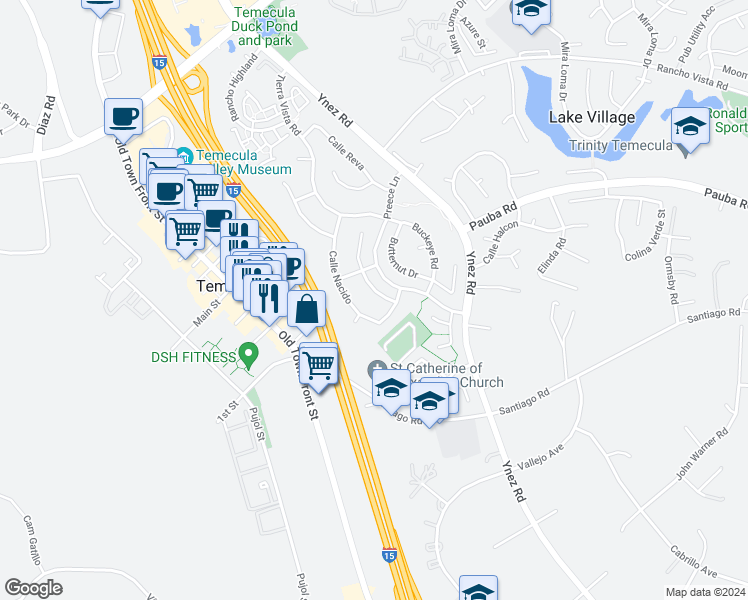 map of restaurants, bars, coffee shops, grocery stores, and more near 43471 Corte Rialto in Temecula