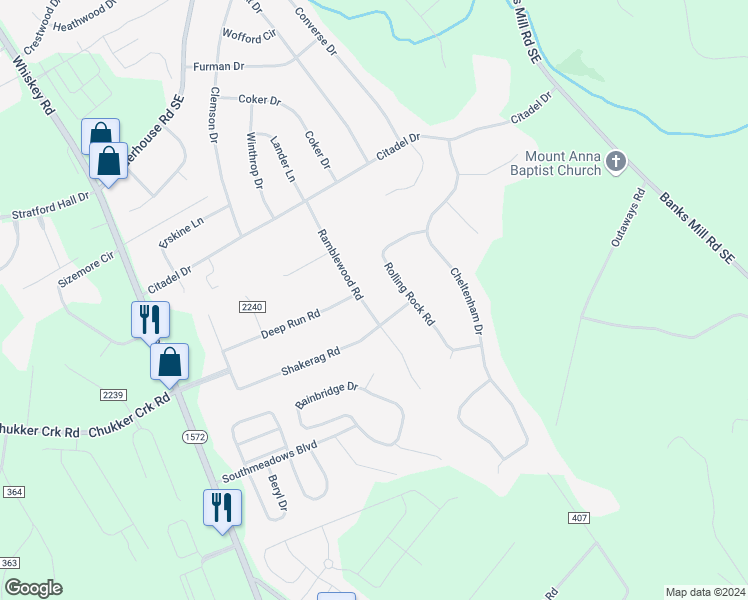map of restaurants, bars, coffee shops, grocery stores, and more near 2560 Ramblewood Road in Aiken