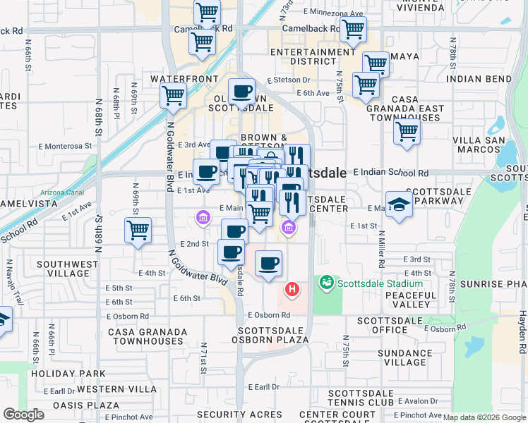 map of restaurants, bars, coffee shops, grocery stores, and more near 7247 East Main Street in Scottsdale