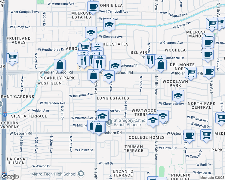 map of restaurants, bars, coffee shops, grocery stores, and more near 4002 North 18th Avenue in Phoenix