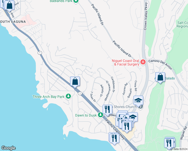 map of restaurants, bars, coffee shops, grocery stores, and more near 22951 Aegean Sea Drive in Dana Point
