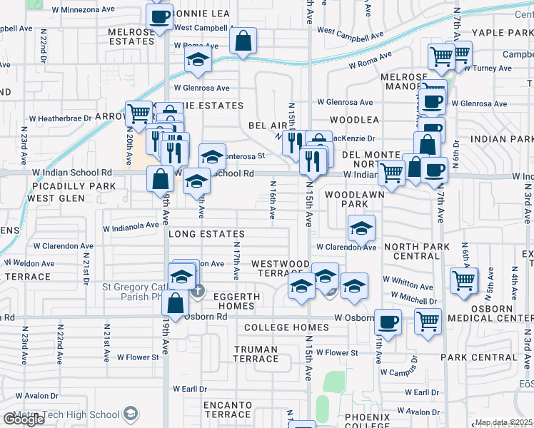 map of restaurants, bars, coffee shops, grocery stores, and more near 1546 West Fairmount Avenue in Phoenix