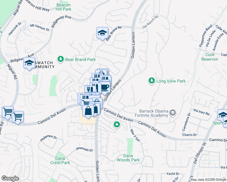 map of restaurants, bars, coffee shops, grocery stores, and more near 85 Fairlane Road in Laguna Niguel