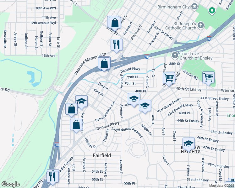 map of restaurants, bars, coffee shops, grocery stores, and more near 525 41st Street Ensley in Fairfield
