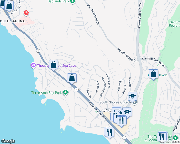 map of restaurants, bars, coffee shops, grocery stores, and more near 22951 Aegean Sea Drive in Dana Point