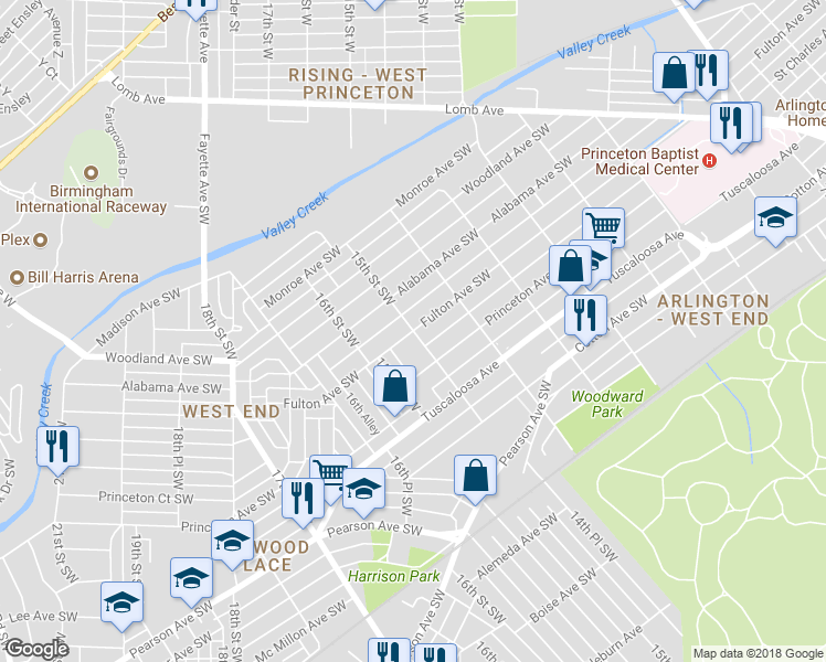 map of restaurants, bars, coffee shops, grocery stores, and more near 498 15th Street Southwest in Birmingham