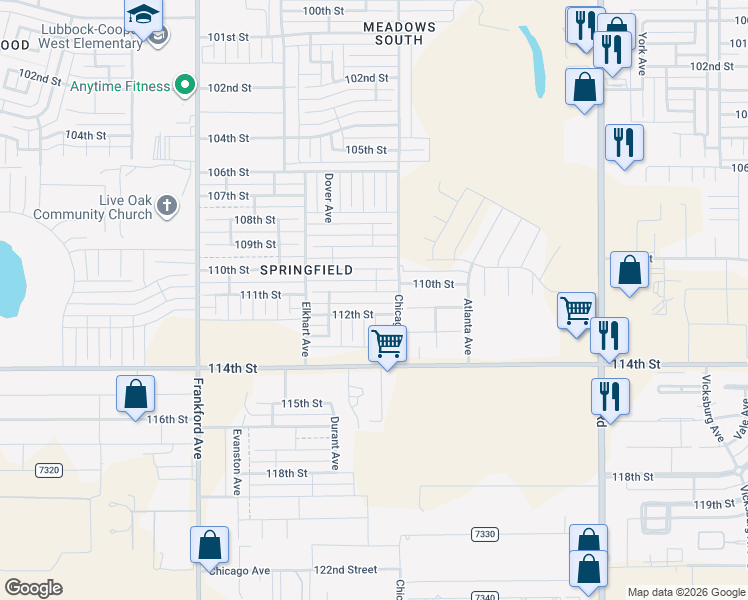 map of restaurants, bars, coffee shops, grocery stores, and more near 5516 111th Street in Lubbock