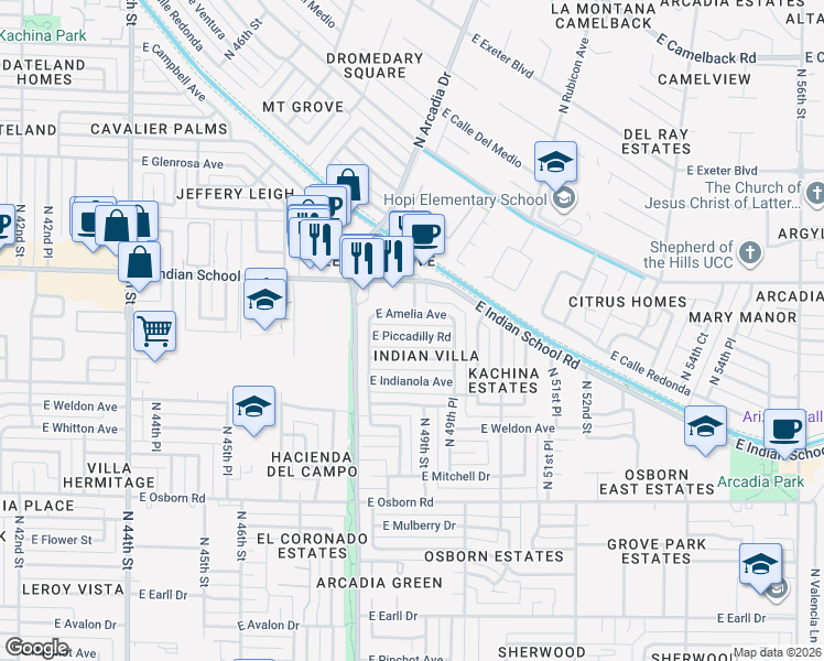 map of restaurants, bars, coffee shops, grocery stores, and more near 4837 East Amelia Avenue in Phoenix