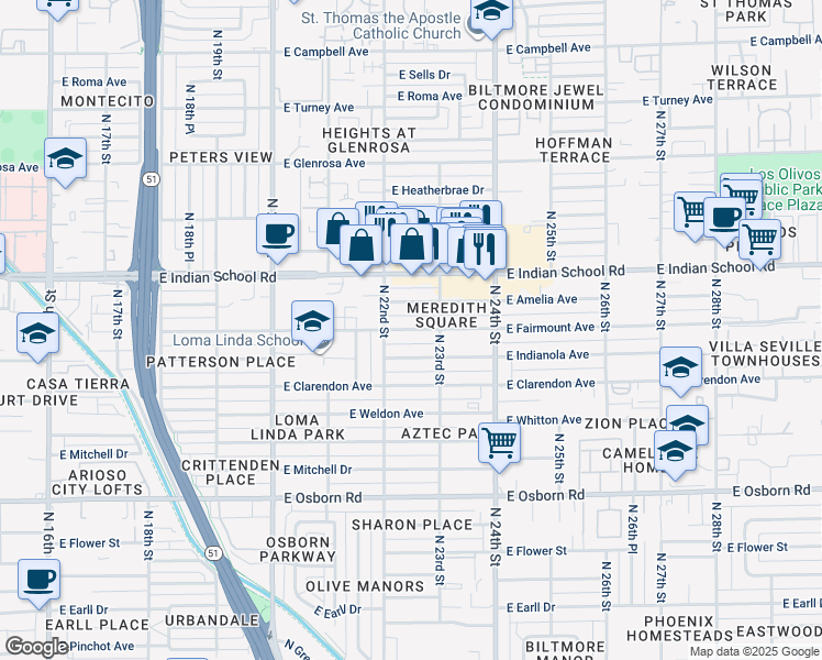 map of restaurants, bars, coffee shops, grocery stores, and more near 2217 East Amelia Avenue in Phoenix