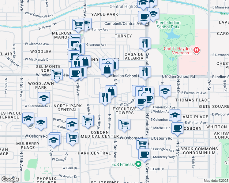 map of restaurants, bars, coffee shops, grocery stores, and more near 3848 North 3rd Avenue in Phoenix