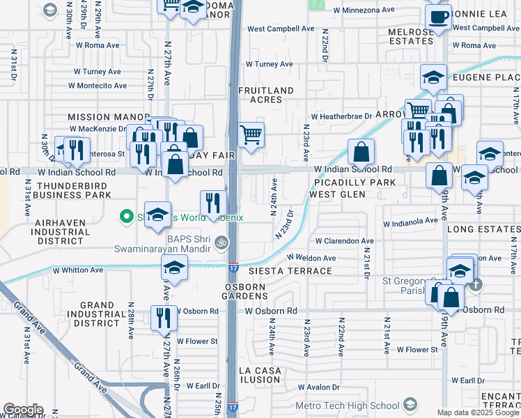 map of restaurants, bars, coffee shops, grocery stores, and more near 2429 West Indian School Road in Phoenix