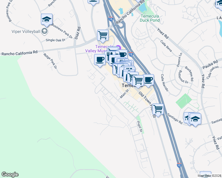 map of restaurants, bars, coffee shops, grocery stores, and more near 28566 Pujol Street in Temecula